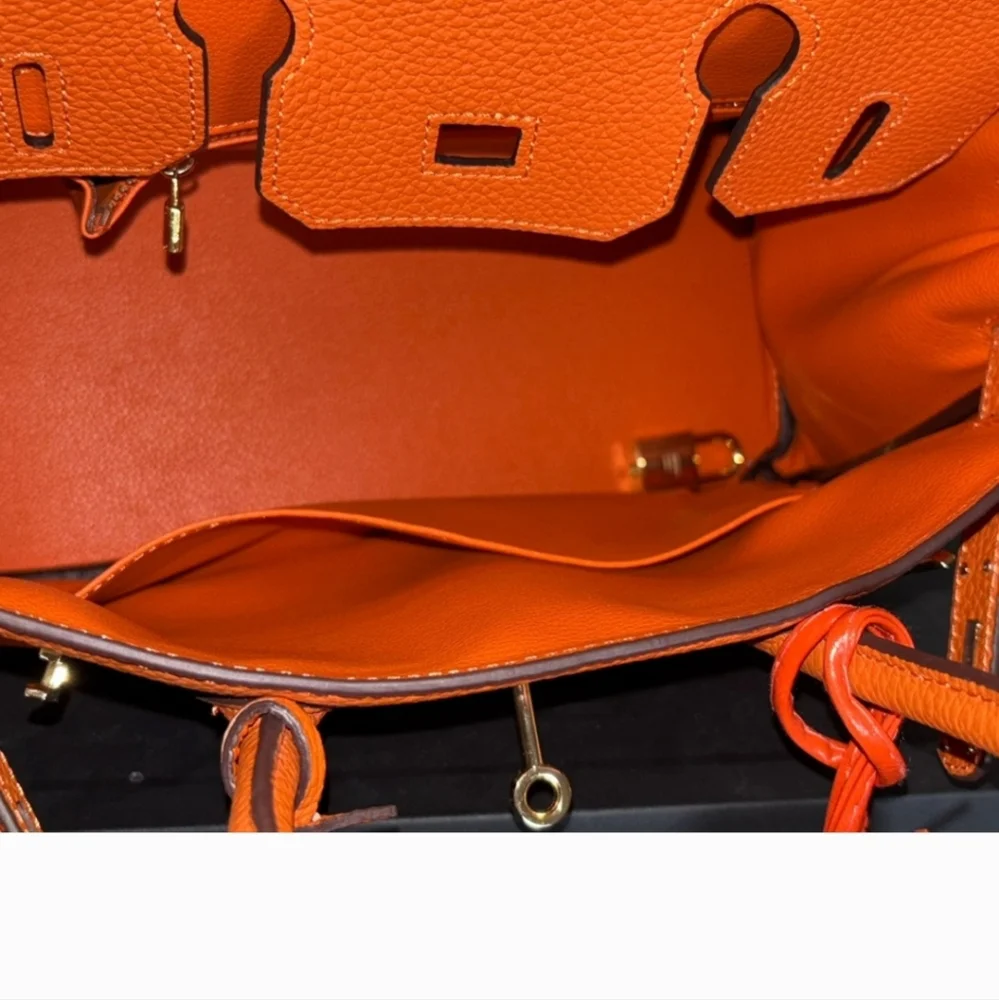 Structured Orange Leather Top-Handle Satchel with Gold-Tone Hardware